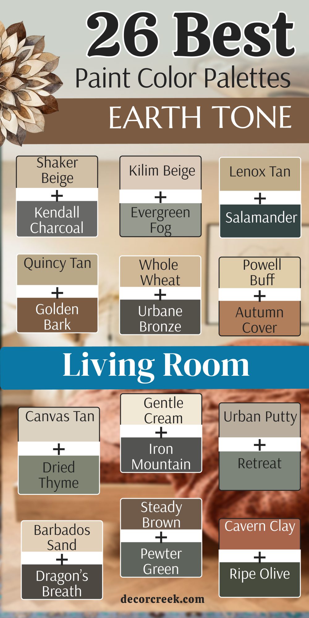 26 best Earth Tone paint color palettes for the living room