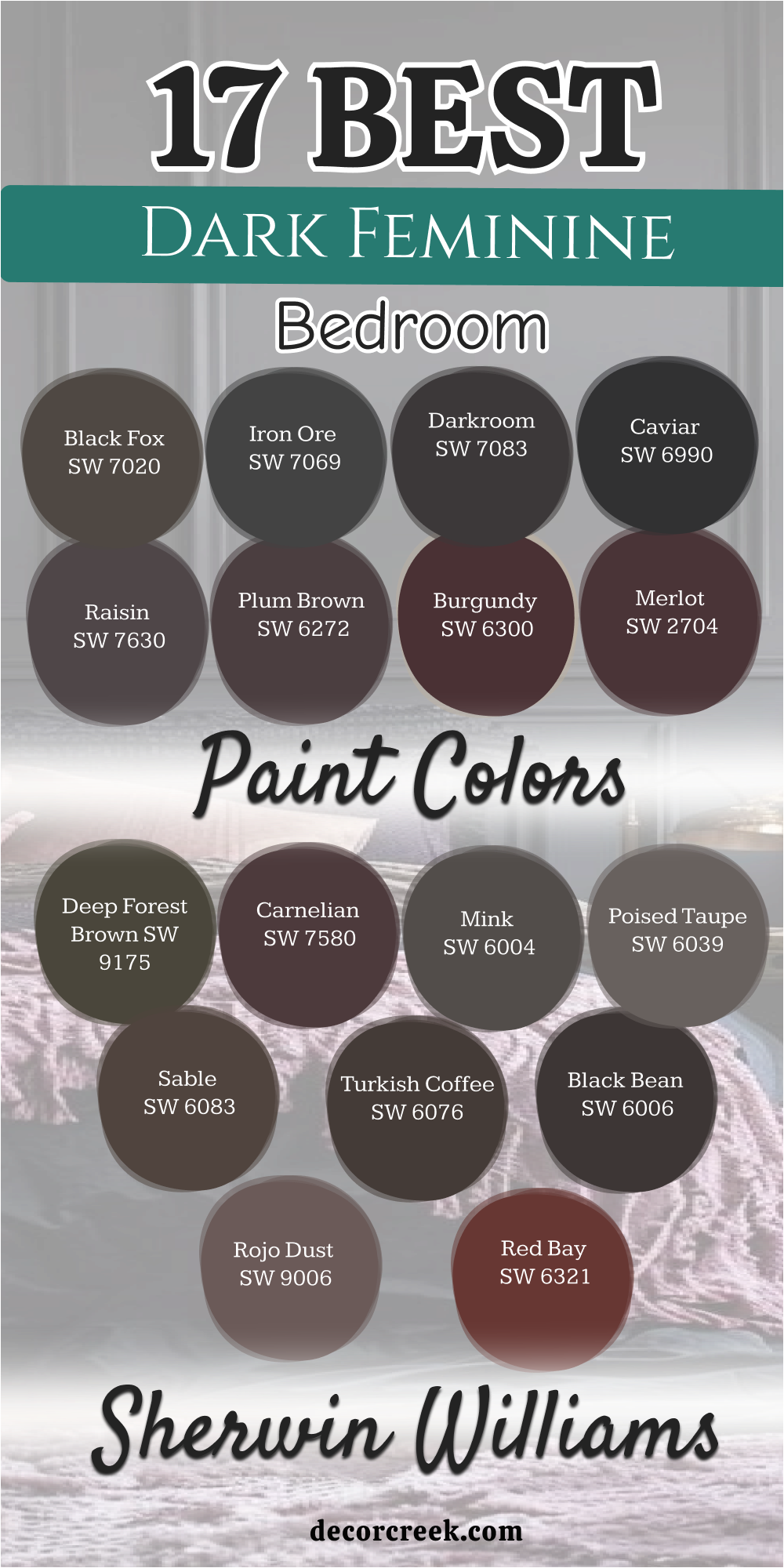 17 best dark feminine bedroom painr colors from sherwin williams