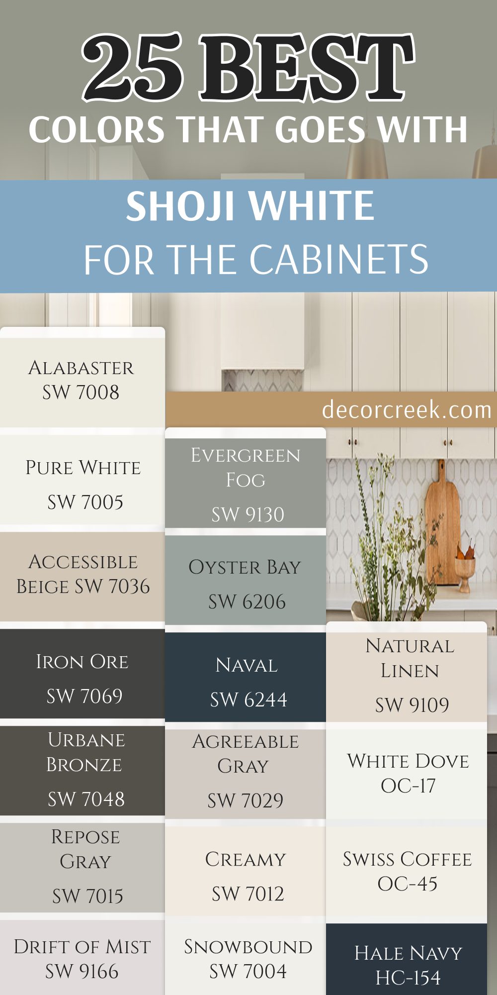 25 best colors that goes with shoji white for the cabinets
